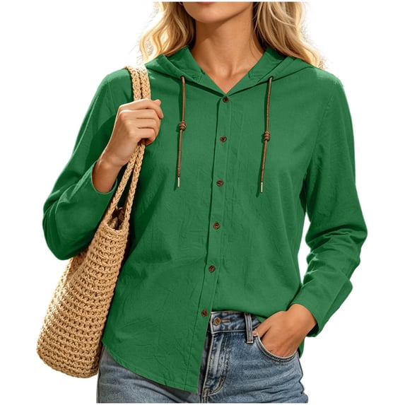 Lmueinov Long Sleeve Shirts for Women 100% Cotton Button Down Drawstring Hooded Shirts Solid Casual Lightweight Going Out Tops for Summer Fall Travel