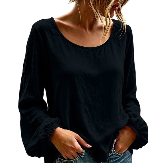 Lmueinov Long Sleeve Shirts for Women Cotton Linen Crew Neck Loose Fit Pullover Tops Solid Lightweight Casual Trendy Summer Fall Vacation Outfits