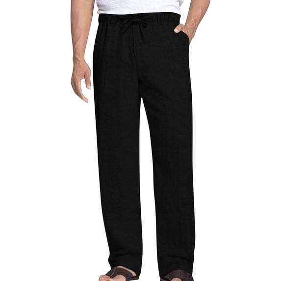 Lmueinov Men's 100% Cotton Drawstring Elastic Waist Straight Leg Pants, Casual Beach Vacation Trousers with Pockets S-3XL