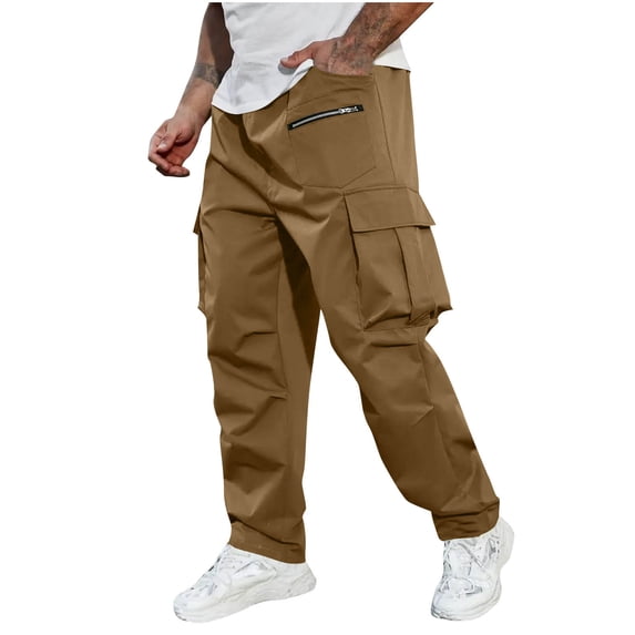 Lmueinov Men's Casual Cargo Pants Workout Joggers Sweatpants Hiking Drawstring Pants with Multi Pockets Solid Straight Leg Loose Trousers