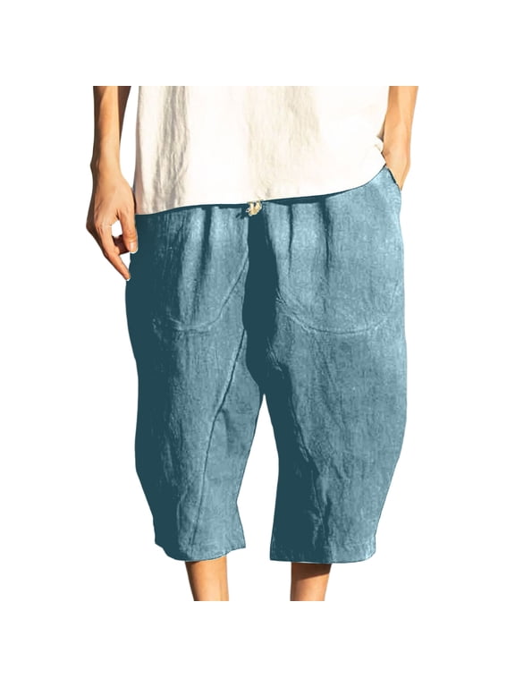 Men's Hemp Blend Drawstring Cropped Harem Pants, Loose Casual 7/8 Trousers with Pockets M-5XL