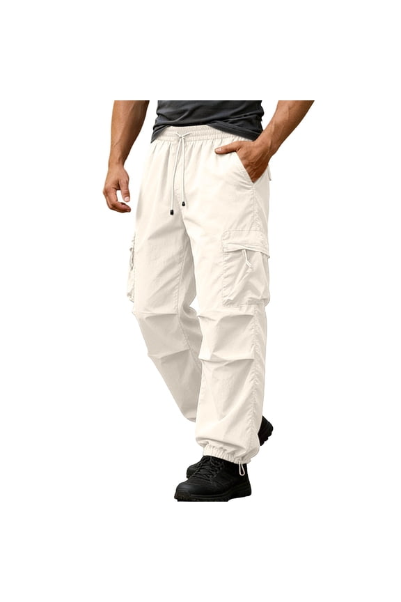Men's Nylon-Spandex Drawstring Cargo Jogger Pants, Elastic Waist Trousers with Multi Pockets S-3XL
