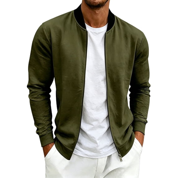 Lmueinov Men's Zip Up Jacket Plus Size Solid Color Casual Jacket Pockets Long Sleeve Lightweight Full Zip Going Out Top Coat for Fall Spring Daily Wear