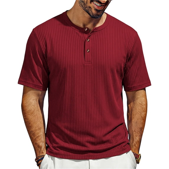Lmueinov Men's Ribbed Henley Short Sleeve T Shirts, Casual Loose Fit Button Placket Solid Color Tops, Versatile Daily Wear Shirts S-3XL