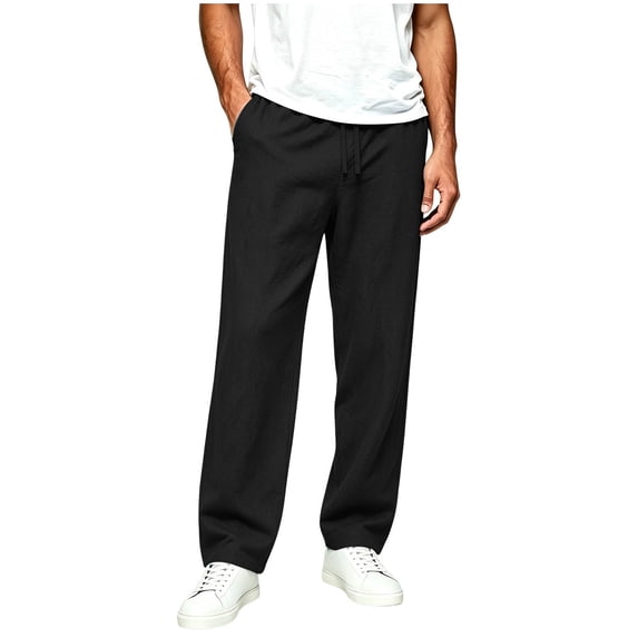 Lmueinov Mens Cotton Linen Pants Casual Lightweight Straight Leg Pants with Pockets Elastic Drawstring Waist Dress Pant for Men Lounge Trousers S-5XL