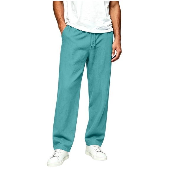 Lmueinov Mens Cotton Linen Pants Casual Lightweight Straight Leg Pants with Pockets Elastic Drawstring Waist Dress Pant for Men Lounge Trousers S-5XL