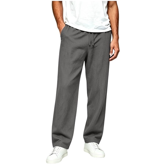 Lmueinov Mens Cotton Linen Pants Casual Lightweight Straight Leg Pants with Pockets Elastic Drawstring Waist Dress Pant for Men Lounge Trousers S-5XL