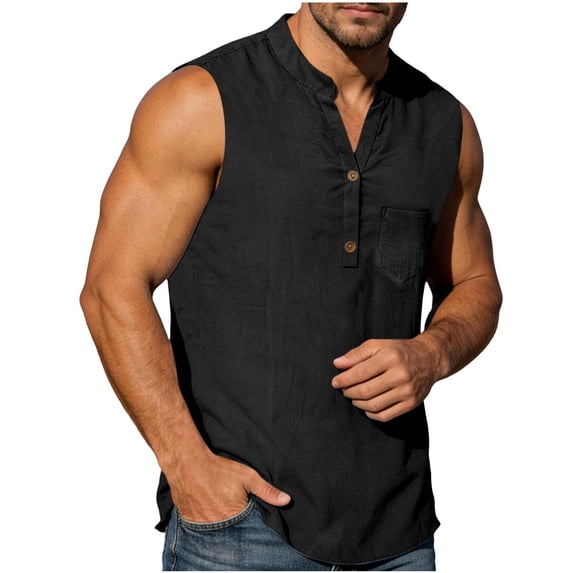 Lmueinov Mens Cotton Linen Tank Top Shirts Casual Sleeveless Slim Fit Henley Shirt for Men Basic Summer Tops