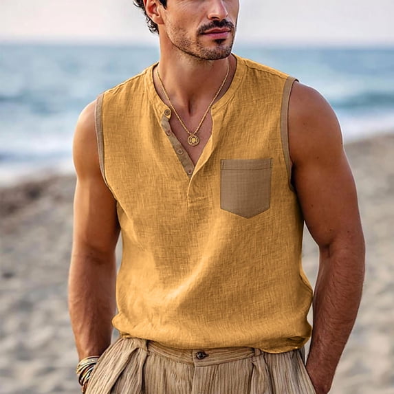 Lmueinov Mens Linen Henley Tank Top, Sleeveless Summer Beach Shirts Cotton Linen Vest, Lightweight Relaxed Fit, S-2XL