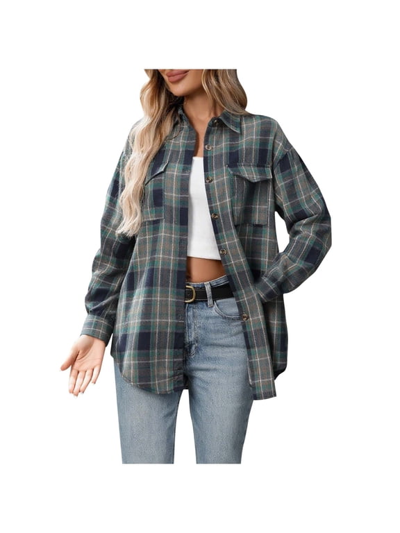 Plaid Flannel Shirts for Women Casual Loose Long Sleeve Shacket Jacket Womens Plaid Button Down Shirt Top