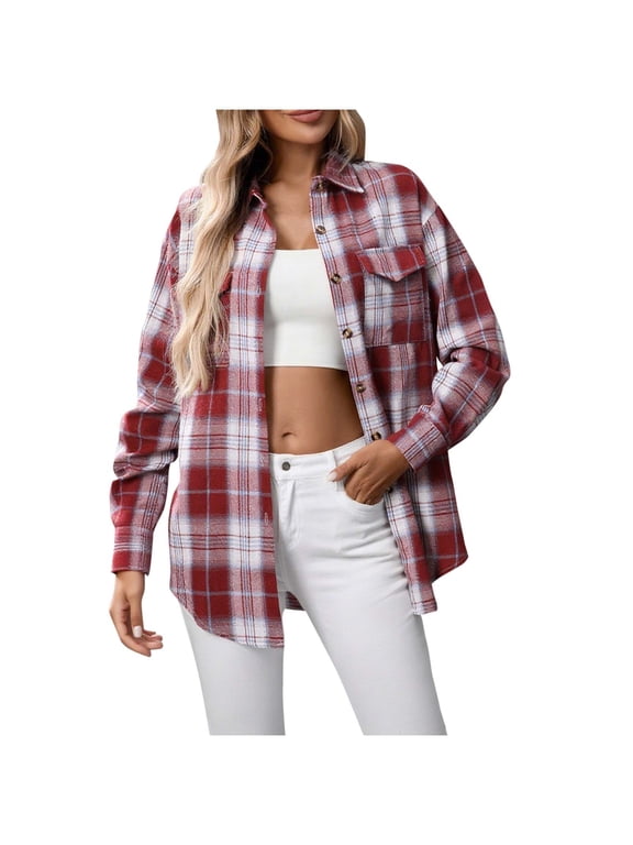 Plaid Flannel Shirts for Women Casual Loose Long Sleeve Shacket Jacket Womens Plaid Button Down Shirt Top