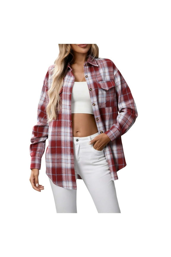 Plaid Flannel Shirts for Women Casual Loose Long Sleeve Shacket Jacket Womens Plaid Button Down Shirt Top