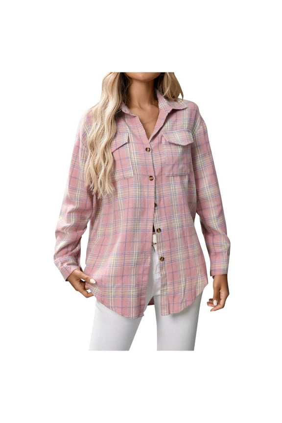 Plaid Flannel Shirts for Women Casual Loose Long Sleeve Shacket Jacket Womens Plaid Button Down Shirt Top