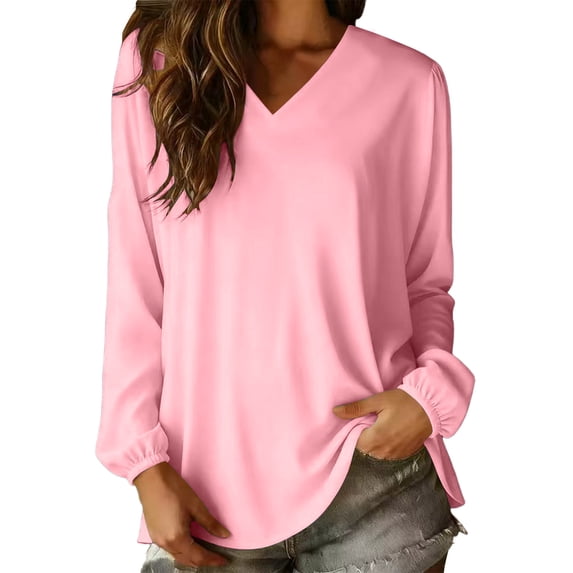 Lmueinov Plus Size Long Sleeve Shirts for Women V-Neck Solid Color Loose Fit Trendy Top 2026 Basic Tee Summer Fall Casual Clothes S-3XL