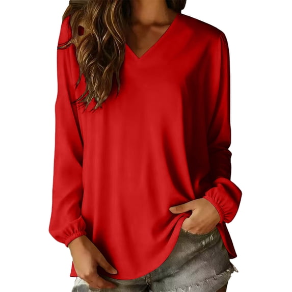 Lmueinov Plus Size Long Sleeve Shirts for Women V-Neck Solid Color Loose Fit Trendy Top 2026 Basic Tee Summer Fall Casual Clothes S-3XL