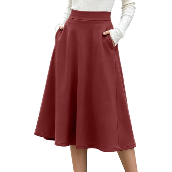 Lmueinov Plus Size Skirts for Women Casual Elastic High Waist Midi Skirt with Pockets Solid Color Flowy Work Office Fall Winter Skirts S-3XL