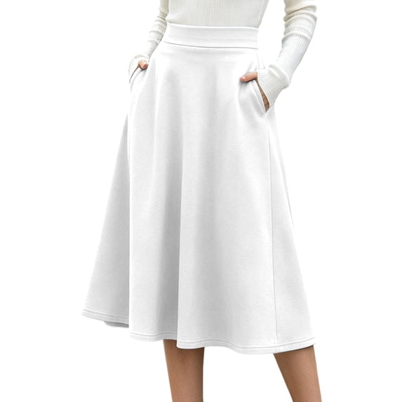 Lmueinov Plus Size Skirts for Women Casual Elastic High Waist Midi Skirt with Pockets Solid Color Flowy Work Office Fall Winter Skirts S-3XL