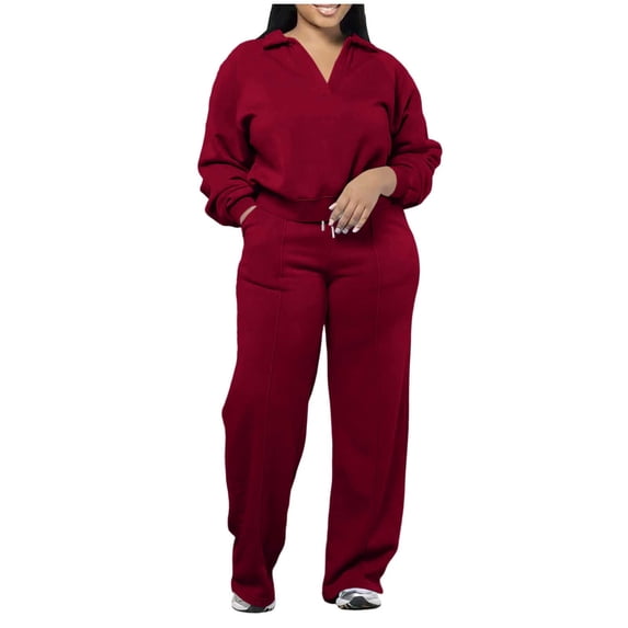 Lmueinov Plus Size Women's 2 Piece Collared V-Neck Sweatshirt Straight Leg Sweatpants for Women Trendy Soft Lounge Set with Pockets Workout Set