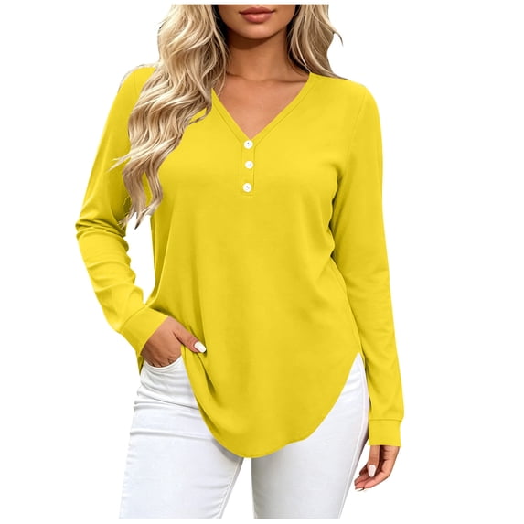Lmueinov Plus Size Womens Long Sleeve Shirts V-Neck Solid Button Loose fit Tops Curved Hem Soft Layering Blouses For Women Fall Winter Loungewear