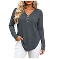 thumbnail image 1 of Lmueinov Plus Size Womens Long Sleeve Shirts V-Neck Solid Button Loose fit Tops Curved Hem Soft Layering Blouses For Women Fall Winter Loungewear, 1 of 5