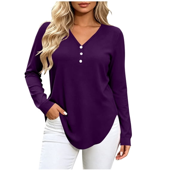 Lmueinov Plus Size Womens Long Sleeve Shirts V-Neck Solid Button Loose fit Tops Curved Hem Soft Layering Blouses For Women Fall Winter Loungewear