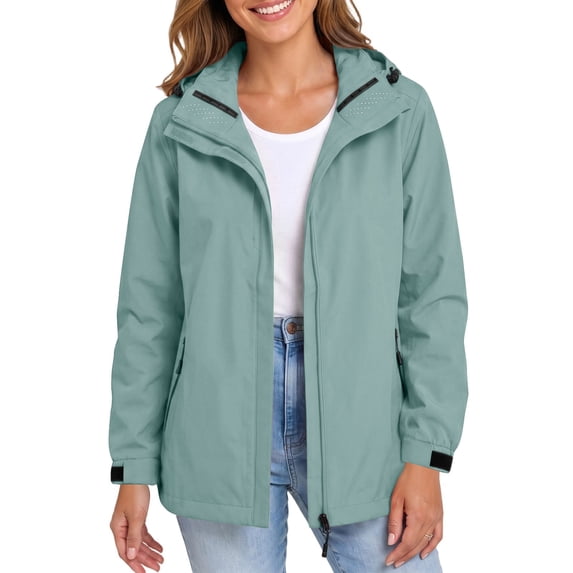 Lmueinov Plus Size Womens Rain Jacket with Detachable Hood Waterproof Windbreaker Breathable Hiking Jacket Zip Pockets Hook and Loop Cuffs