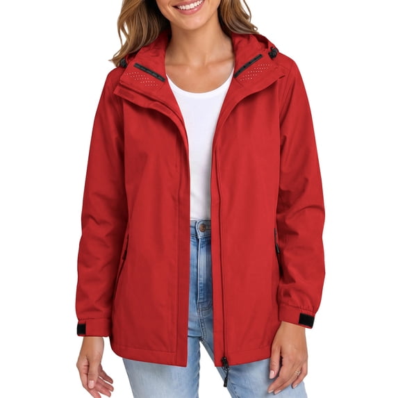 Lmueinov Plus Size Womens Rain Jacket with Detachable Hood Waterproof Windbreaker Breathable Hiking Jacket Zip Pockets Hook and Loop Cuffs