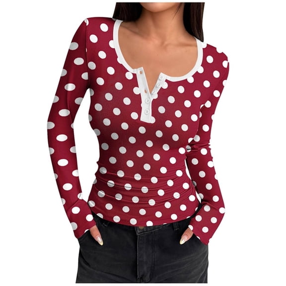 Lmueinov Polka Dot Long Sleeve Top for Women Square Neck Stretchy Ribbed Knit T-Shirt Form Fitting Soft Casual Vintage Aesthetic Basic Top