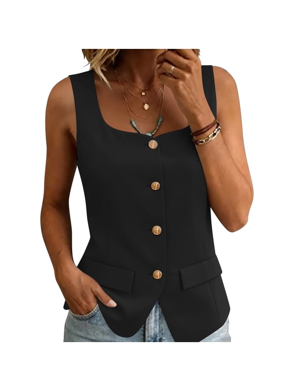Sleeveless Tops for Women Square Neck Button Down Waistcoat Casual Business Slim Fit Vests 2026 Summer Suit Vest