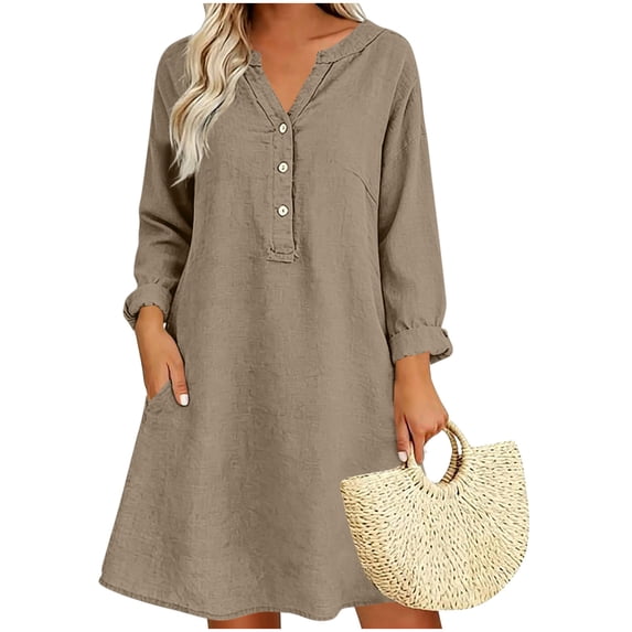 Lmueinov Summer Dresses for Women Flowy Casual Cotton Linen A-Line Midi Dress with Pockets Fall Vacation Button Front Long Sleeve Tunic Shirt Dress