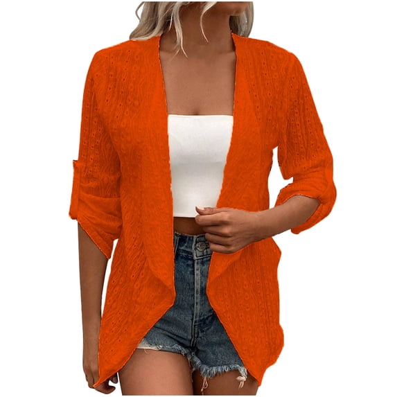 Lmueinov Summer Plus Size Sweaters Cardigan for Women Netted Knit Roll Tab Long Sleeve Open Front Lightweight Cover Up for Summer Fall Beach Daily Casual Wear S-3XL