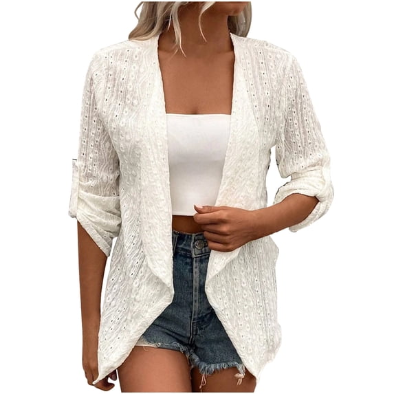 Lmueinov Summer Plus Size Sweaters Cardigan for Women Netted Knit Roll Tab Long Sleeve Open Front Lightweight Cover Up for Summer Fall Beach Daily Casual Wear S-3XL