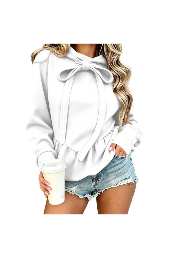 Sweatshirt for Women Long Sleeve Hoodies with Ruffled Hem Bow Drawstring Solid Casual Pullover Tops for Home Travel Lounging
