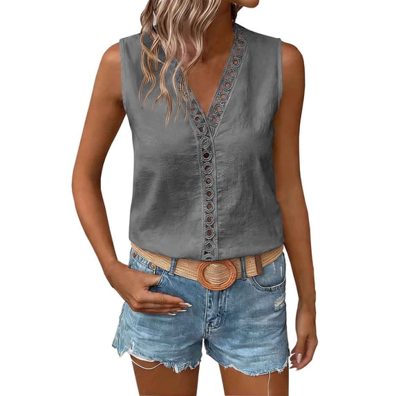 Lmueinov Tank Tops for Women Casual Eyelet v-Neck Sleeveless Blouses Lace Patchwork Flowy Boho Basic Shirts Summer Clothes