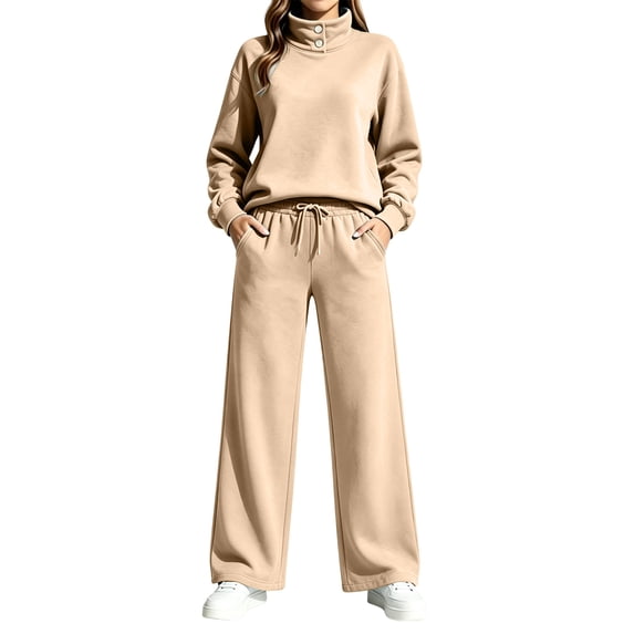 Lmueinov Two Piece Sets for Women Fleece Sweatsuit Button Mock Neck Sweatshirts Wide Leg Sweatpants Workout Lounge Sets with Pockets Fall Casual Outfits