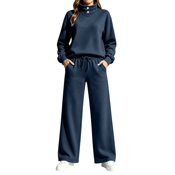 Lmueinov Two Piece Sets for Women Fleece Sweatsuit Button Mock Neck Sweatshirts Wide Leg Sweatpants Workout Lounge Sets with Pockets Fall Casual Outfits