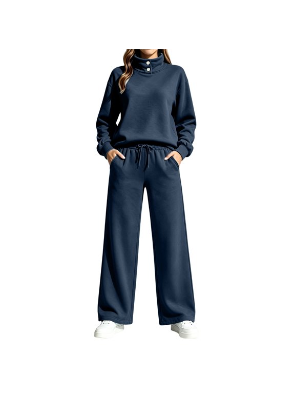 Two Piece Sets for Women Fleece Sweatsuit Button Mock Neck Sweatshirts Wide Leg Sweatpants Workout Lounge Sets with Pockets Fall Casual Outfits