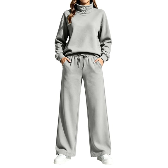 Lmueinov Two Piece Sets for Women Fleece Sweatsuit Button Mock Neck Sweatshirts Wide Leg Sweatpants Workout Lounge Sets with Pockets Fall Casual Outfits