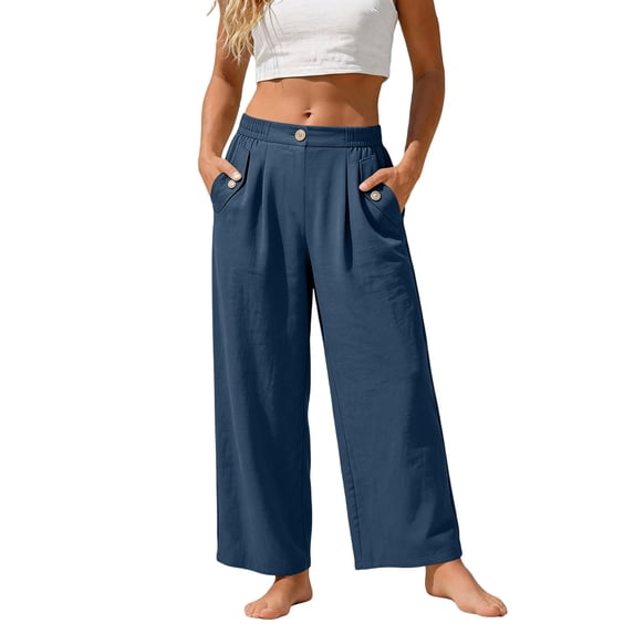 Lmueinov Wide Leg Linen Pants for Women Cotton Linen Elastic Waist Casual Palazzo Trousers with Pockets Button Breathable Loose Fit Summer Fall Long Pants