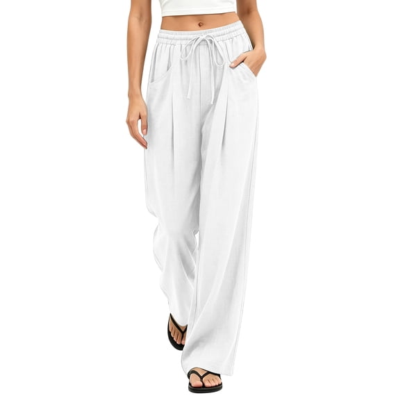 Lmueinov Wide Leg Pants for Women 100% Cotton Flowy Palazzo Drawstring Elastic Waist Trousers with Pockets Summer Fall Beach Vacation Clothes
