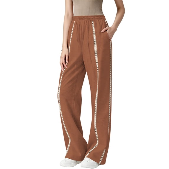 Lmueinov Wide Leg Pants for Women High Waist Hollow Out Striped Tape Loose Trousers with Pocket Women Trendy 2026 Business Casual Outfits