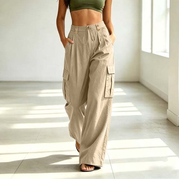 Lmueinov Women Cargo Pants High Waisted Elastic Back Waist Cotton Linen Wide Leg Pants Casual Loose Fit with Pockets Summer Trousers