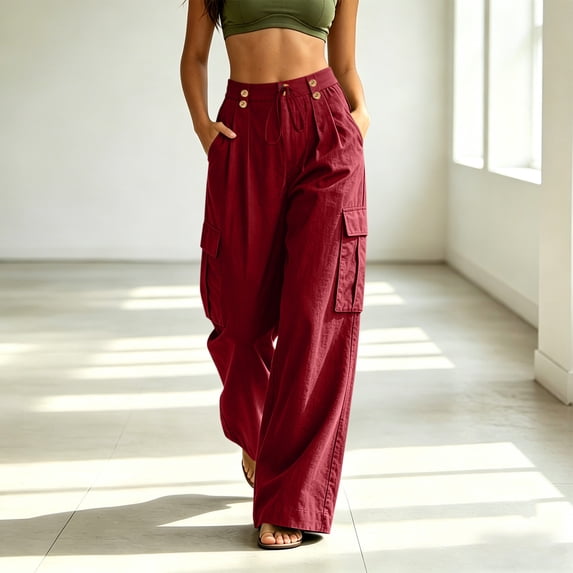 Lmueinov Women Cargo Pants High Waisted Elastic Back Waist Cotton Linen Wide Leg Pants Casual Loose Fit with Pockets Summer Trousers