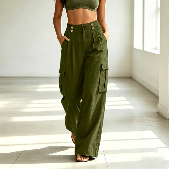 Lmueinov Women Cargo Pants High Waisted Elastic Back Waist Cotton Linen Wide Leg Pants Casual Loose Fit with Pockets Summer Trousers