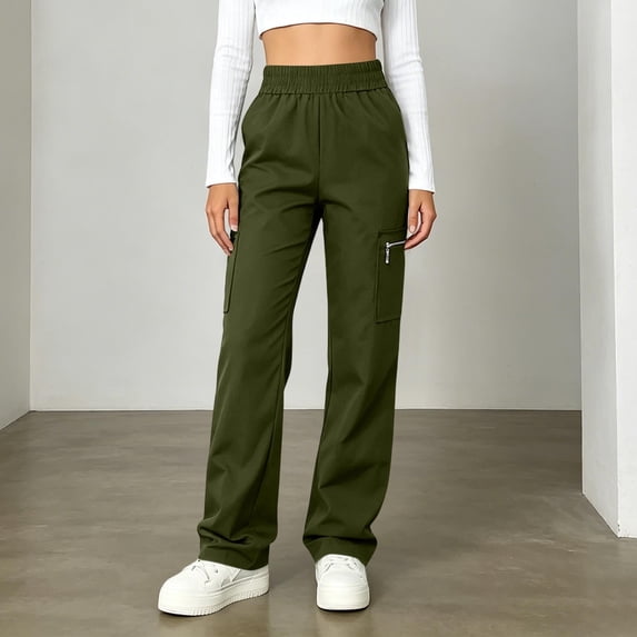 Lmueinov Women High Waisted Cargo Pants Elastic Waist Straight Leg Trousers with Zipper Pockets Casual Travel Pant Streetwear for Work Hiking Outdoor