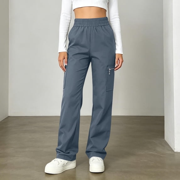 Lmueinov Women High Waisted Cargo Pants Elastic Waist Straight Leg Trousers with Zipper Pockets Casual Travel Pant Streetwear for Work Hiking Outdoor