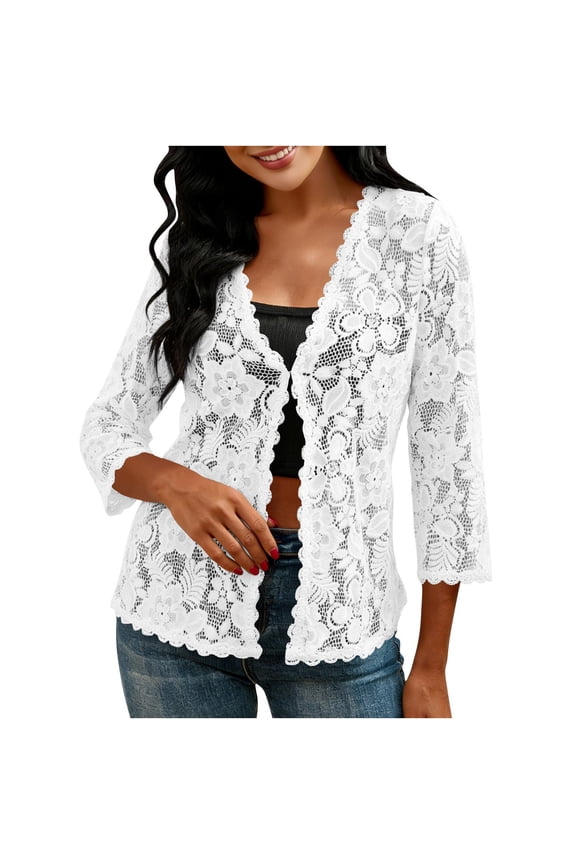 Women Lace Open Front Cardigan Sweaters 3/4 Sleeve V-Neck Scalloped Hem Summer Casual Loose Fit Top Solid Color lightweight Stretchy Beach Cover Up