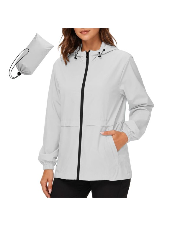 Women Lightweight Packable Rain Jacket Hooded Windbreaker with Pouch Waterproof Windproof Casual Zip Up Coat for Outdoor Travel Daily