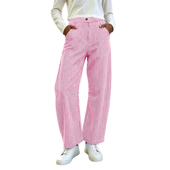 Lmueinov Women Wide Leg Striped Pants Plus Size Curved Summer Fall Pants Beach Vacation Clothes Button Zip Waist Travel Trousers with Pockets