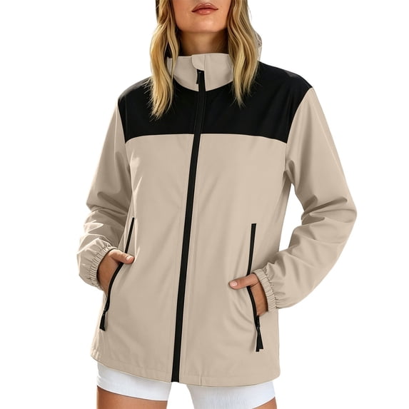 Lmueinov Women Windbreaker Jacket with Zip Pockets Full Zip Up Vintage Color Block Rain Jacket Windproof Lightweight Hiking Jacket Outdoor Casual Coat M-4XL